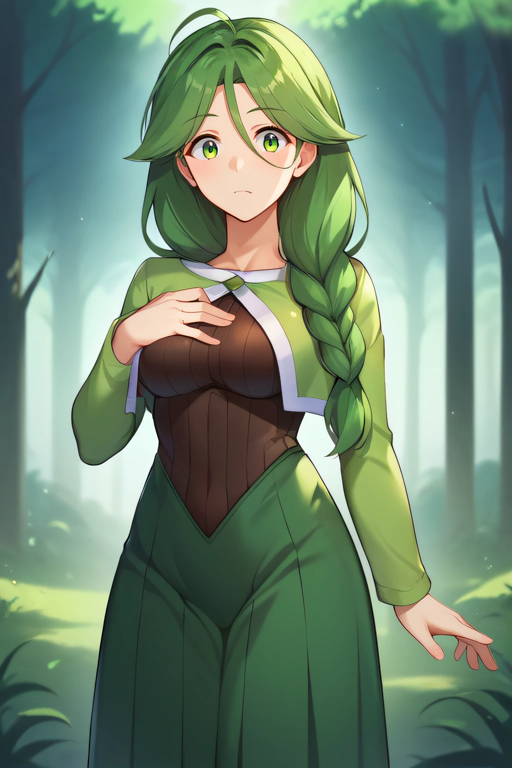 (masterpiece), best quality, perfect face, Large breasts , detailed lights , NSFW , naked ,tatsumaki, green hair , in a forest