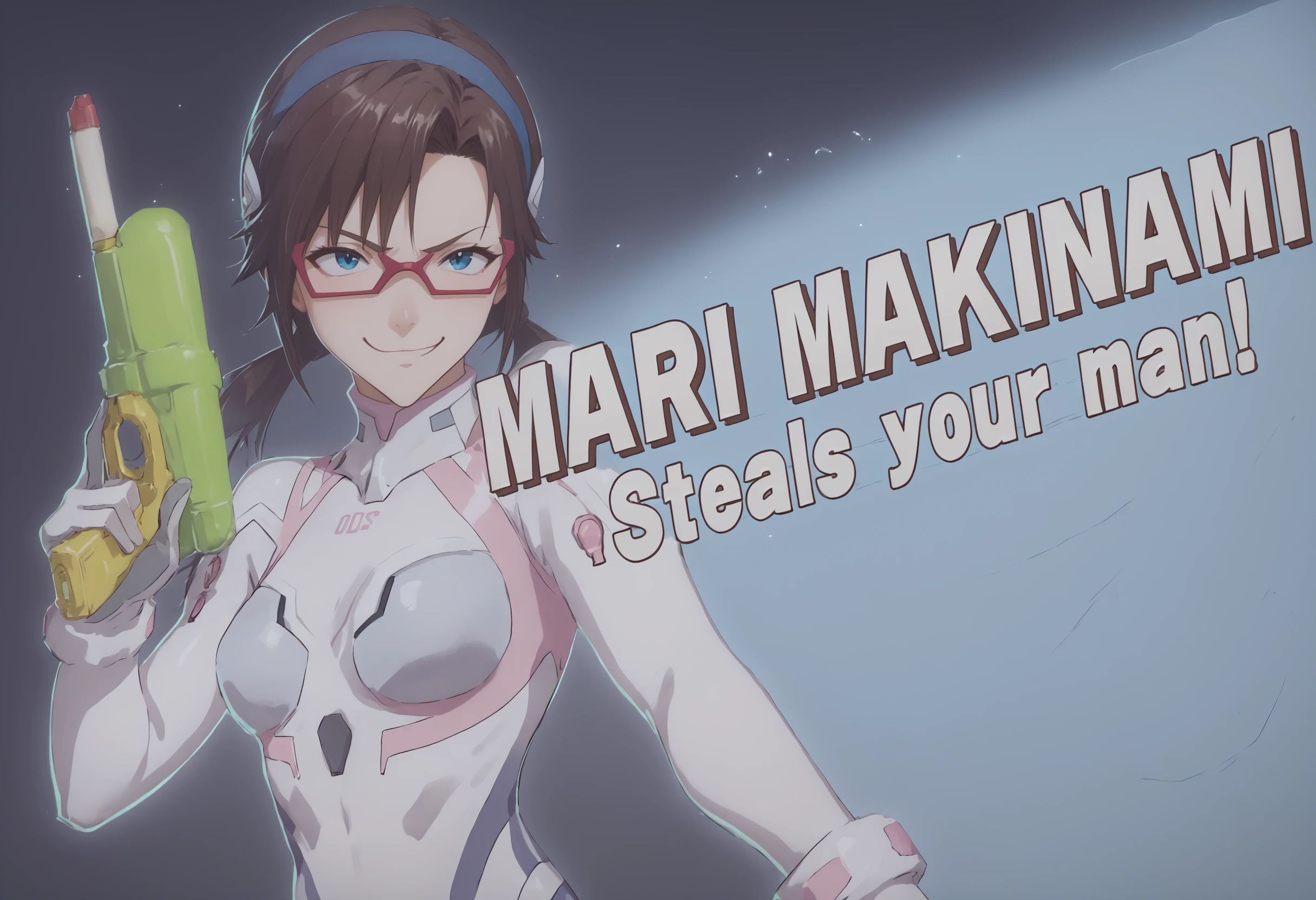 score_9, score _8_up, score_7_up,  source_anime, 1girl, SSBUSplashArt, english text, <lora:SSBUSplashArt_XLPD_1:1.4>, <lora:Degen_Mari_White_v1:1> mari-white, hairband, semi-rimless eyewear, white plugsuit, numbered, smug, <lora:Degen_Watergun_Fight_v3:.75>  holding [water gun:supersoaker:.25]  [green and yellow water gun: super soaker, white barrel:.25], black background