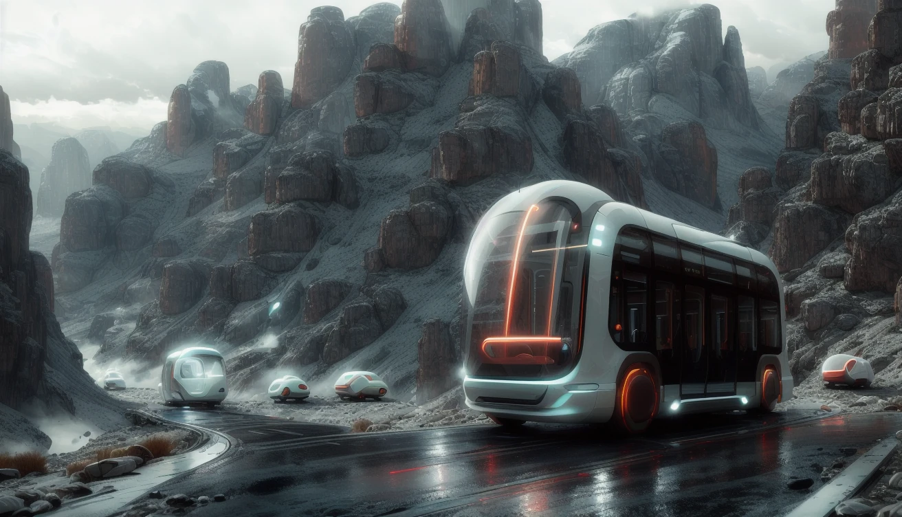 sci-fi, futuristic small bus on road, sci-fi shape, super gloss material, neon line, mountain background, mist, wide view
