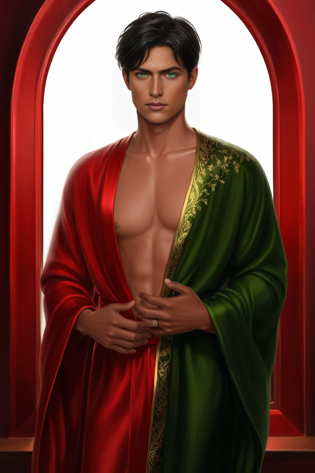 Dreamscape male, black short hair, green eyes, dark-skinned male, looking at viewer, clothes in red transperent robe, nude body, offers a hand to the viewer, upper body, oval window nature background, realistic  <lora:Amrit XL:0.7> amrit  . Surreal, ethereal, dreamy, mysterious, fantasy, highly detailed