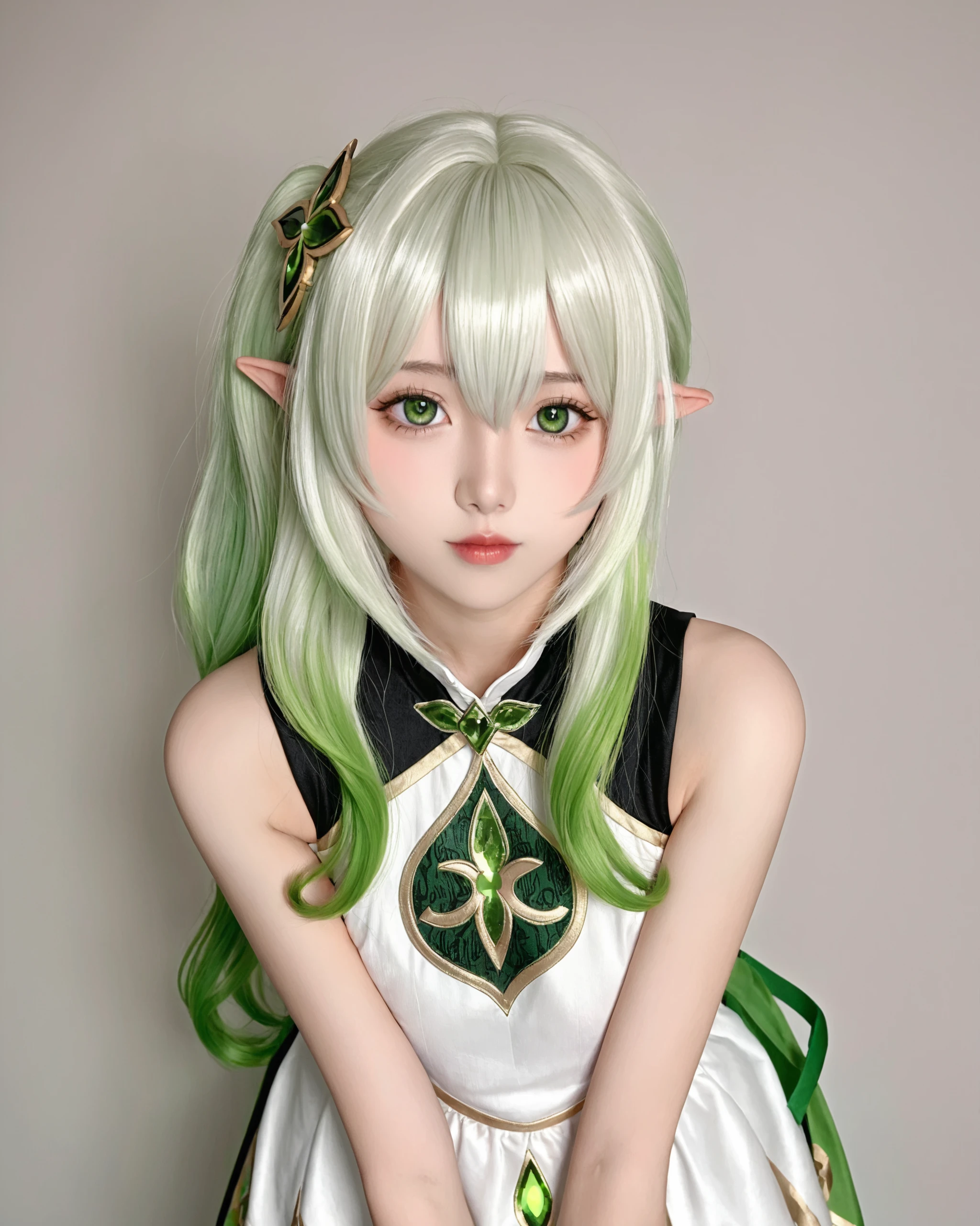 Score_9, Score_8_up, Score_7_up, nahida \(genshin impact\), 1girl, solo, looking at viewer, pointy ears, white hair, multicolored hair, side ponytail, hair ornament, dress, long hair, white dress, bangs, green hair, hair between eyes, lips, gradient hair, realistic, cross-shaped pupils, sleeveless dress, bare shoulders, green eyes, sleeveless, closed mouth, symbol-shaped pupils, leaning forward
