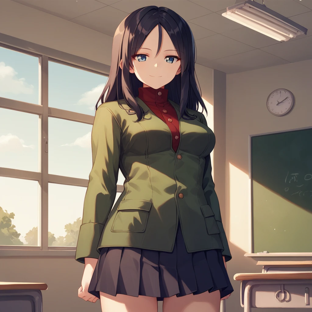 <lora:Nonna - Girls Und Panzer-000090:1>, NonnaGuP, 1girl, solo, blue eyes, long hair,  black hair, medium breasts, cowboy shot, standing at attention, arms at sides, PravdaUniform, green jacket, red turtleneck, long sleeves, black skirt, pleated skirt, miniskirt, smile, classroom, window, sky, indoors, score_9, score_8_up, score_7_up, score_6_up,