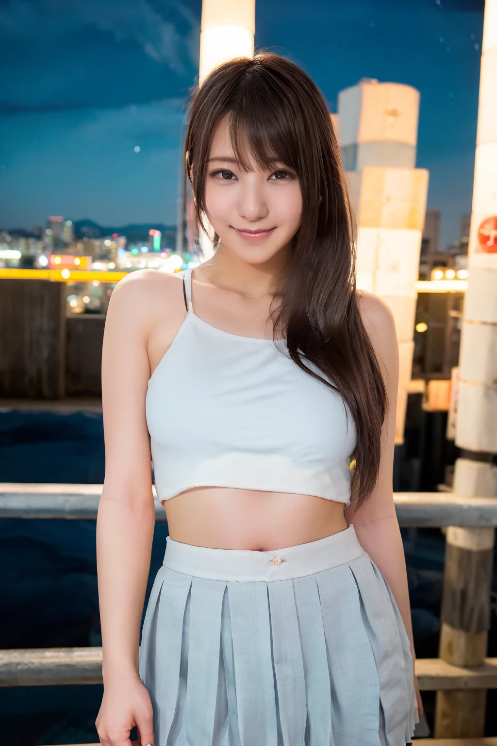 <lora:mion328:0.9>,masterpiece,best quality,1girl,long hair,solo,realistic,smile,photorealistic,ultra detailed,looking to the viewer,upper body,mion sonoda,crop top,pleated skirt,cityscape,neon lights,night sky,thighs,