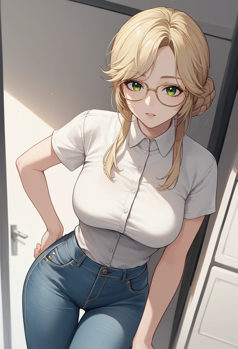 Masterpiece, best quality, high resolution, 1girl,mature female, big breasts, blonde hair, black eyes, slim waist, eyeglasses, looking at viewer, perfect anatomy, white t shirt, laced panties, arms behind back, bedroom background, pale skin,