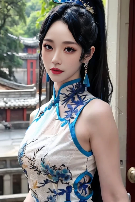 ltra-detailed,highly detailed,best quality,masterpiece,illustration,realistic,photorealistic,
yaodaoji, qinghuaci,
1girl, solo,
qipao, china dress, chinese clothes, see-through,
ponytail, hair ornament, long hair,
jewelry, earrings,
looking at viewer, upper body,
outdoors, nature, photo background,
<lora:yaodaoji_qhc_v1_08:0.8>