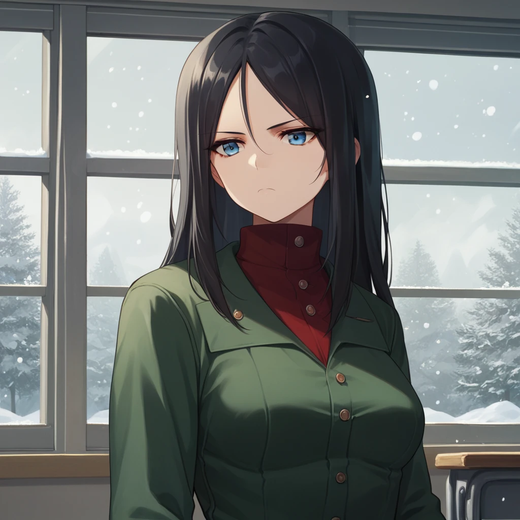 <lora:Nonna - Girls Und Panzer-000090:1>, NonnaGuP, 1girl, solo, blue eyes, long hair,  black hair, medium breasts, upper body, PravdaUniform, green jacket, red shirt, turtleneck, long sleeves, serious, classroom, window, sky, winter, snowing, indoors, score_9, score_8_up, score_7_up, score_6_up,