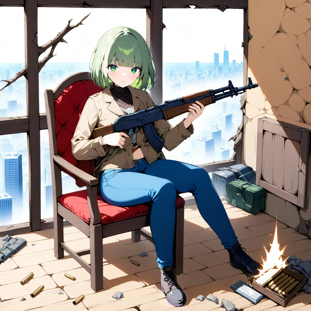 That's what V2 is for
BREAK 1girl, solo, bob cut, blunt bangs, light green hair, green eyes, brown jacket, jeans, black boots, holding rifle, AK-47, seated chair, window, [city:2], debris, wooden floor, cracked wall, holes in the wall, particle effect, bullets