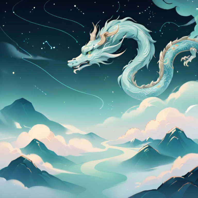 cloud patterns,mountain patterns,chinese dragon,Vortex cloud,Stars,constellations,lines,mint green,8k,best quality,masterpiece,highres,absurdres,edgQuality,<lora:DetailedEyes_V3:1>,<lora:WildcardX-XL-Detail-Enhancer:1>,<lora:yuanzun-000160:0.6>,Ancient China,<lora:add-detail-xl:1.5>,
