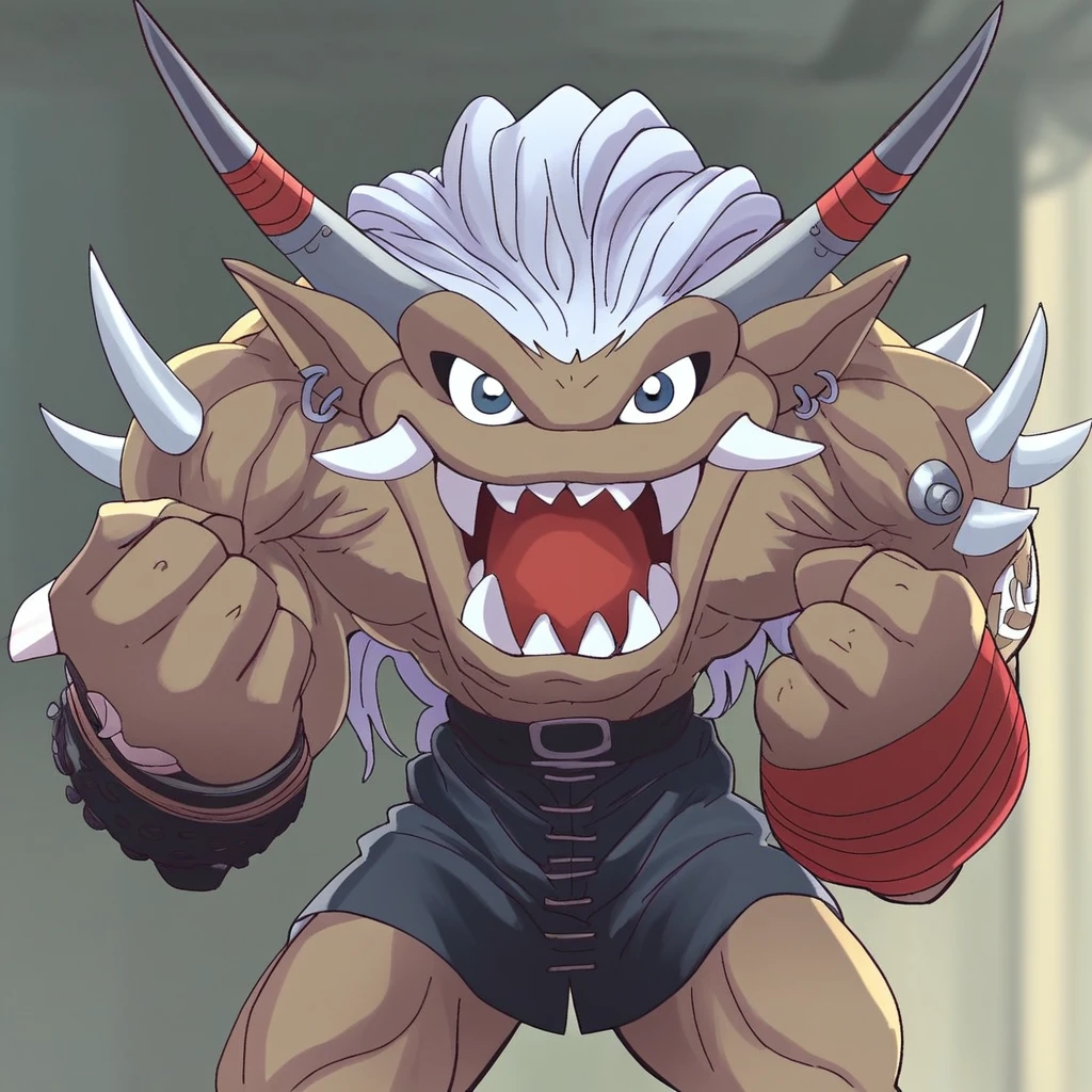 score_9, score_8_up BREAK Ogremon, digimon (creature), muscular male, large muscles, 1boy, solo, long white hair, spikes, tattoo, bracelets, bandages, loincloth, looking at viewer, open mouth, teeth, smile, flexing arms