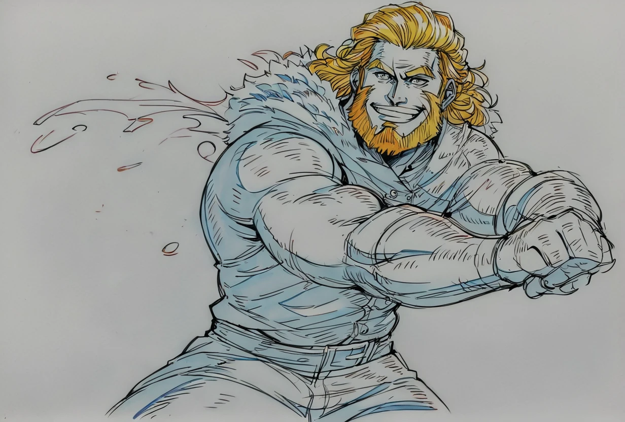 score_9, score_8_up, score_7_up, warrior, muscular male, winter clothes, big beard, cool, from side, epic pose, muscular, evil smile, splash art, blonde hair, viking, pants, looking at viewer, cowboy shot, dynamic pose, smile, cute, wide shot, solo, dutch angle, simple background,
<lora:KeyFrameXLP_Style:1>KeyFrameXLP, color trace, traditional media, sketch, colored pencil (medium), txt, keyframe,