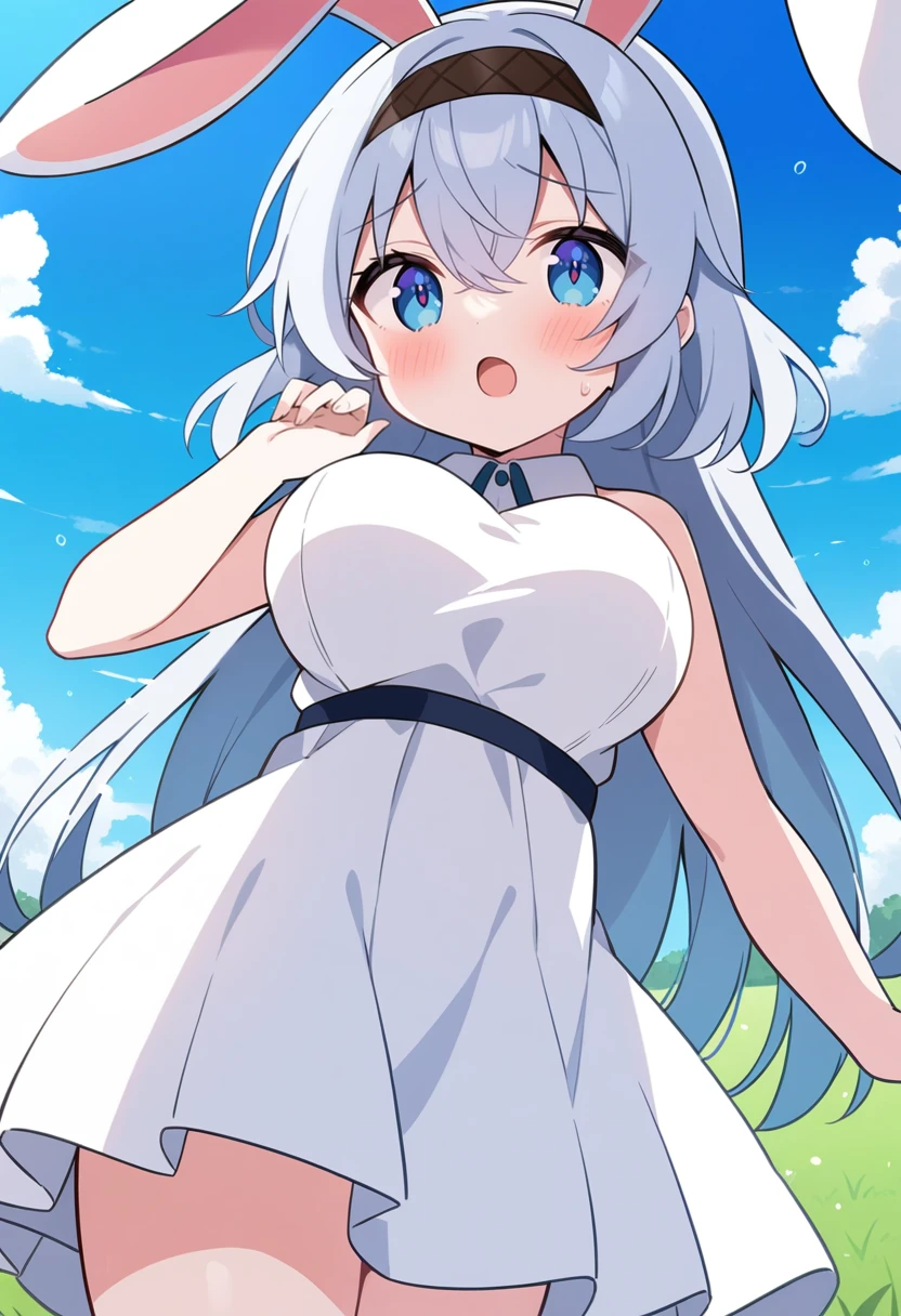 1girl, solo, aged down, yano mitsuki \(nanairo\), nyori, yatomi, gaou \(umaiyo puyoman\), anime coloring, 
long hair, silver hair, blue eyes, large breasts, white dress, open mouth, blush, headband, rabbit ears, gradient eyes, 
field, blue sky, cloud, 
masterpiece, best quality, very aesthetic, absurdres,