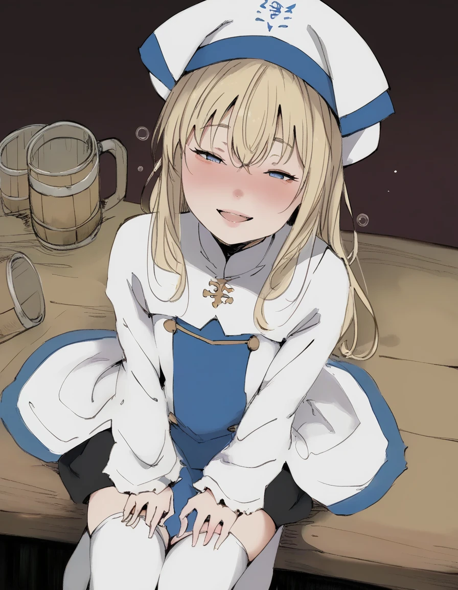 score_9, score_8_up, score_7_up, 1girl sitting on a table, wariza, tavern, drunk, half-closed eyes, open mouth, smile, beer mug, from above, full-face blush,
<lora:otohime_style_pony6_v1:1.2>sketch <lora:priestess_goblin slayer_PONY_epoch-000020:0.8> priestess-default,(priestess from goblin slayer:0.6),blue eyes,long hair, blonde hair,white headwear,white dress,frilled sleeves, blue pelvic curtain,(black shorts:0.9),thighhighs,white boots, priestess-shirt