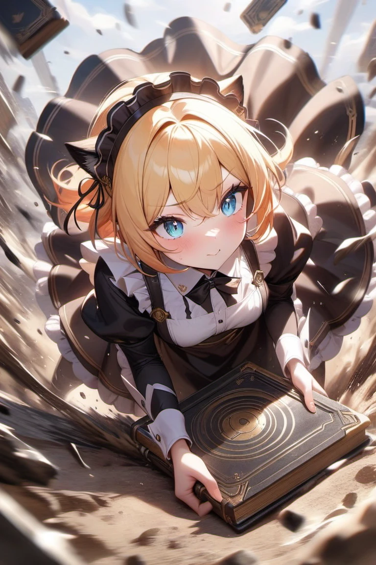 masterpiece, best quality, very aesthetic, absurdres, <lora:weaponbook:1> (book on ground),holding book, swing down book, strike book, ,1girl,maid,