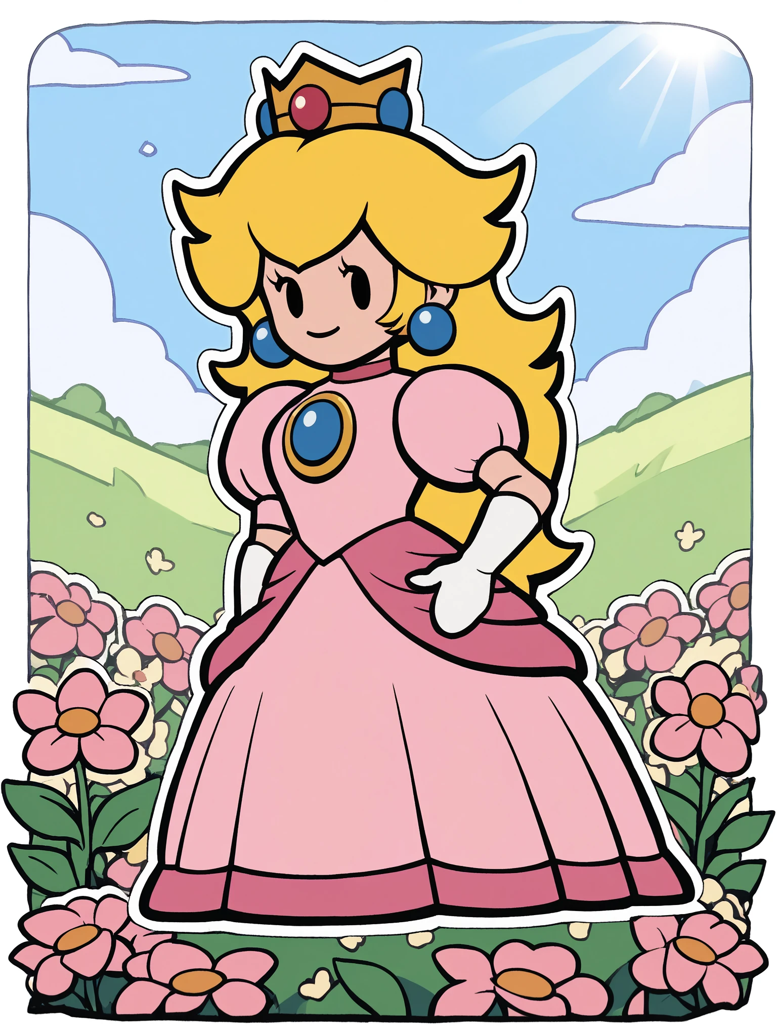 paperpeach, 1girl, blonde hair, dress, solo, crown, long hair, pink dress, jewelry, earrings, white gloves, full body, solid oval eyes, smile, outdoors, looking at viewer, hand on own hip,white outline, score_9, score_8_up, score_7_up, score_6_up, score_5_up, score_4_up <lora:PaperPeachPony1.0:1> flowers,flower field, sunlight,