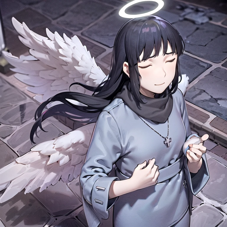 (Visual novel:1.3),(Happy:1.3) <lora:Reki:0.85>, 1girl, solo, long hair, black hair, halo, angel wings, Streetwear, cross necklace, , holding lighter, closed eyes, , Suffering, a character portrait, , pavement, stone wall, tile floor, tiles, wall,scarf, snow, snowflakes, snowing, winter, ,  <lora:3DMM_V12:0.75>, ,(Kodachrome:1.3)