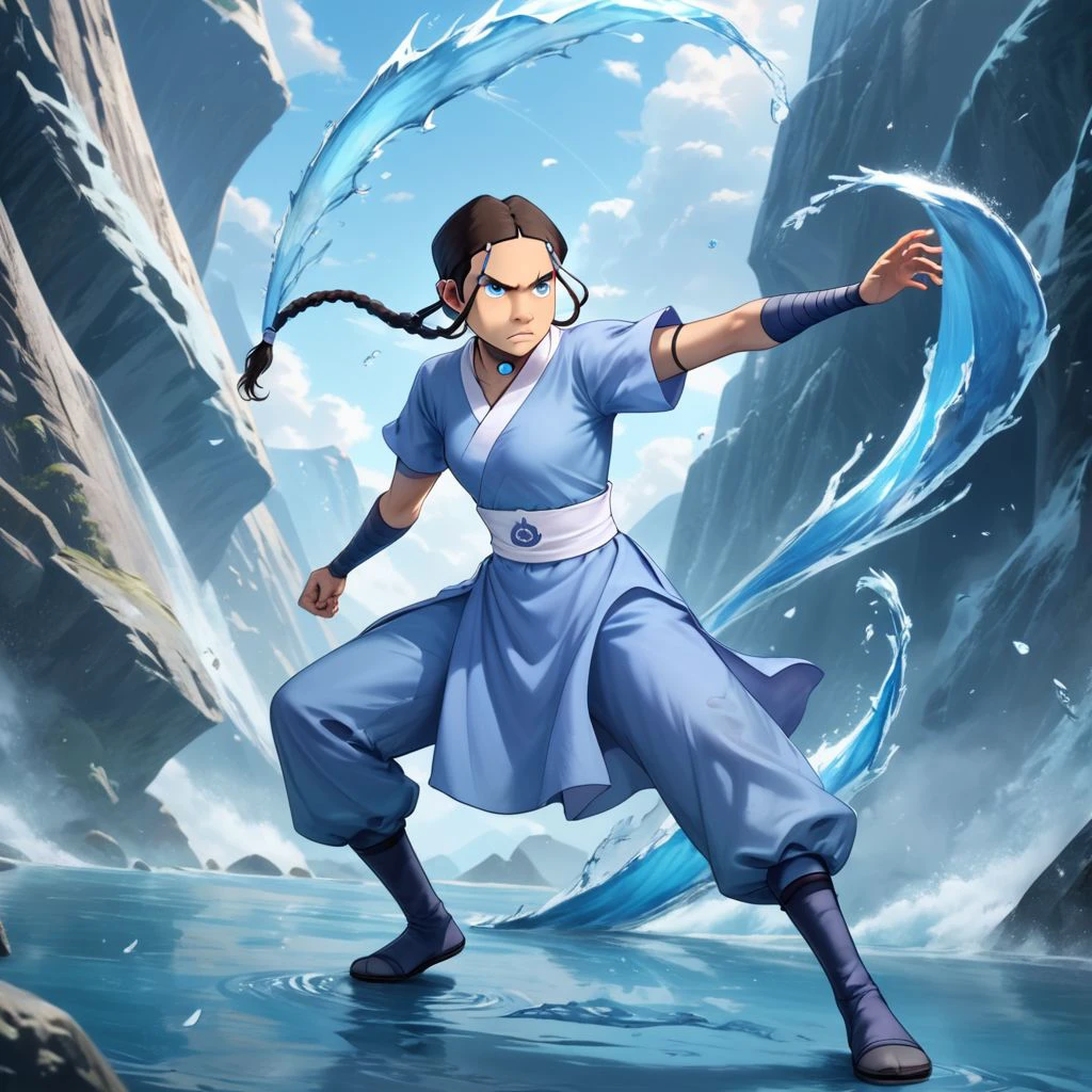 score_9, score_8_up, score_7_up, score_6_up, score_5_up, score_4_up, rating_safe, Katara, fighting stance, on an iceberg, streams of water, single braid