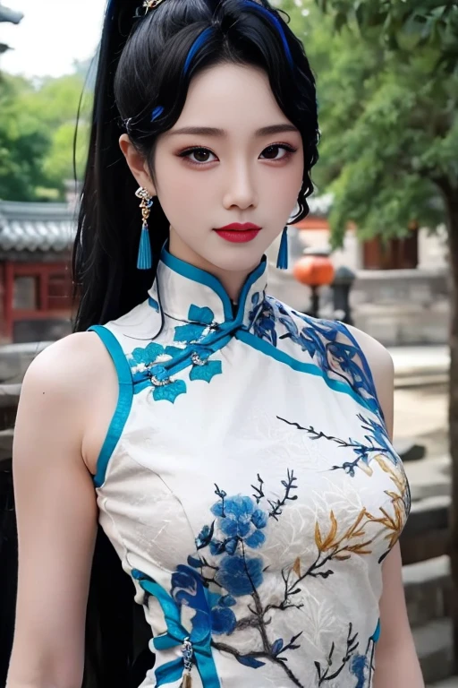 ltra-detailed,highly detailed,best quality,masterpiece,illustration,realistic,photorealistic,
yaodaoji, qinghuaci,
1girl, solo,
qipao, china dress, chinese clothes,
ponytail, hair ornament, long hair,
jewelry, earrings,
looking at viewer, upper body,
outdoors, nature, photo background, night,
<lora:yaodaoji_qhc_v1_08:0.7>