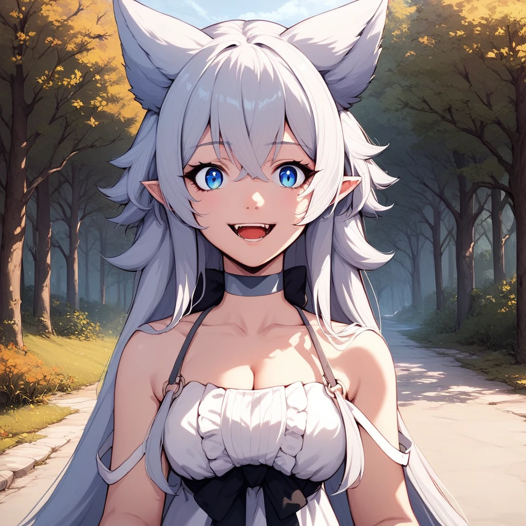 score_4, score_5, score_6, score_9, score_8_up, score_7_up, source_anime, 1girl, smile, open mouth, grey hair, very long hair, blue eyes, wolf ears, pointy ears, choker, white dress, bare shoulders, black ribbon, cleavage, strap slip, looking at viewer, standing, outdoors, tree, fine anime