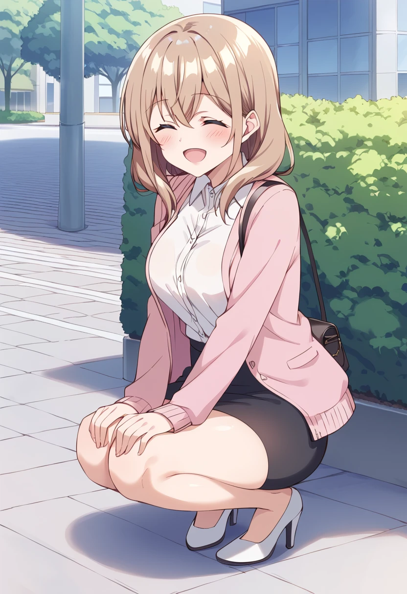 score_9, score_8_up, score_7_up, source_anime BREAK
katase shiori, 1girl, squatting, solo, closed eyes, open mouth, smile, outdoors, white footwear, high heels, :3, long hair, handbag, white shirt, brown hair, large breasts, eyebrows visible through hair, blush, black skirt, collared shirt, shoulder bag, light brown hair, ^ ^, pencil skirt, long sleeves, dress shirt, :d, pink jacket, day, miniskirt, blonde hair, medium hair, hair between eyes, office lady, sidewalk, bush, street, full body, facing viewer, plant, no socks, road, happy, grey hair, hands on own knees, bare legs, shiny hair, tree, building, wing collar, blouse, open jacket, shiny, short hair, tile floor, pink cardigan, open cardigan
<lora:katase_shiori_sdxl_locon_pony_v1:0.7>