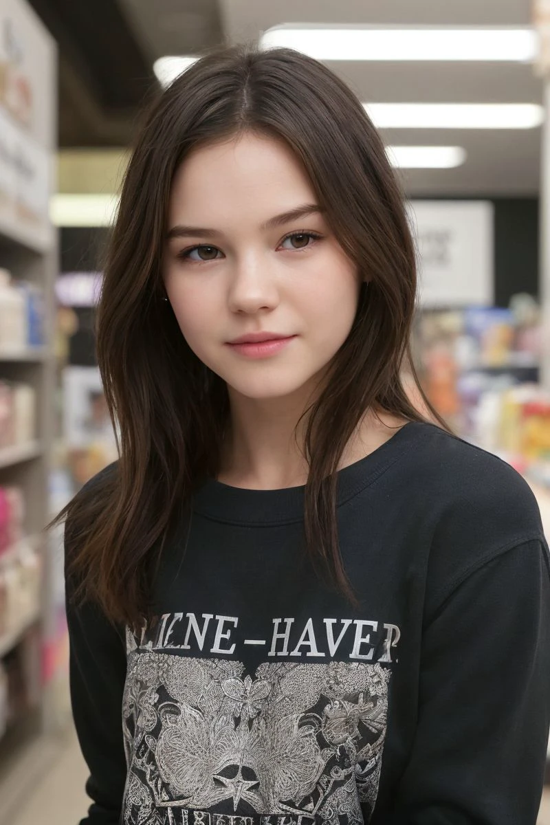 headshot of S419_MattyMilaPerez,a gorgeous woman,in a (store:1.1),wearing a (crewneck:1.1),(4k, RAW photo, best quality, 50mm, depth of field, ultra high res:1.1),(intricate, photorealistic, cinematic-shot, masterpiece, ultra-detailed:1.1),