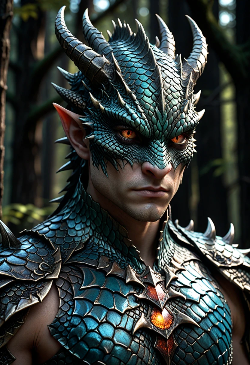 HDR photo of human dragon hybrid, human head, dragon scale skin, dragon eyes, male focus, full body, standing, grimdark, creepy tale:1.15, dark forest background, rim lighting, style of Anato Finnstark, by alena aenami, 
<lora:Hyper-SDXL-8steps-lora:1.0> . High dynamic range, vivid, rich details, clear shadows and highlights, realistic, intense, enhanced contrast, highly detailed