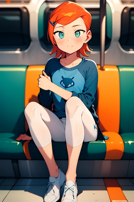 <lora:osgwen-01:1> 1girl, gwen, hair ornament, blue shirt, white pants, sitting inside a metro, full body, masterpiece, best quality