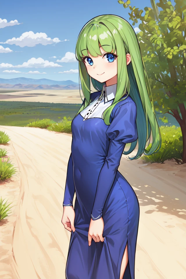 1 girl, outdoors, desert, standing, smile,
 <lora:Azure_Dreams_-_Mia:0.5> azuremia, green hair, long hair, sidelocks,
blue eyes, blue dress, collared dress, juliet sleeves, long sleeves, long dress,