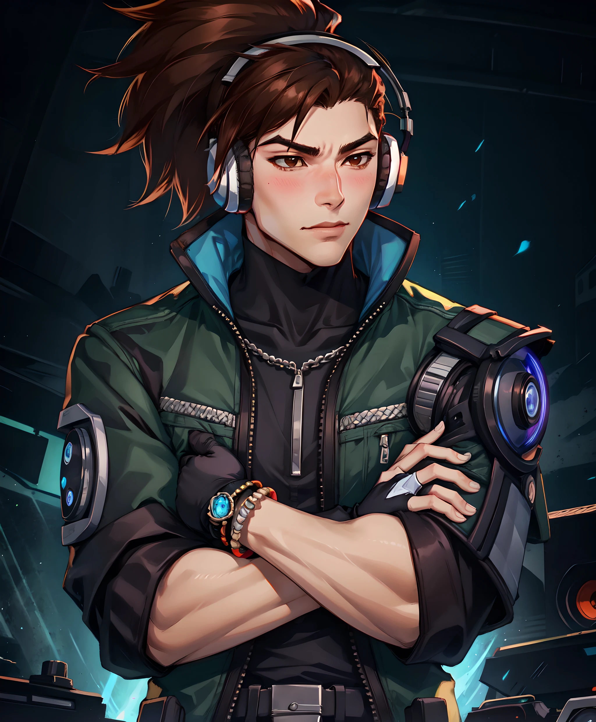 solo, looking away, sharp lighting, dramatic, vibrant, 8k hdr, dslr, (best quality), (masterpiece), <lora:Yasuo_TD-10 (1):0.7>,yasuo td, brown hair, gloves, 1boy, brown eyes, jewelry, jacket, male focus, solo focus, black gloves, fingerless gloves, bracelet, black jacket, headphones, green jacket,  ponytail, crossed arms, blush
 samurai, mature male