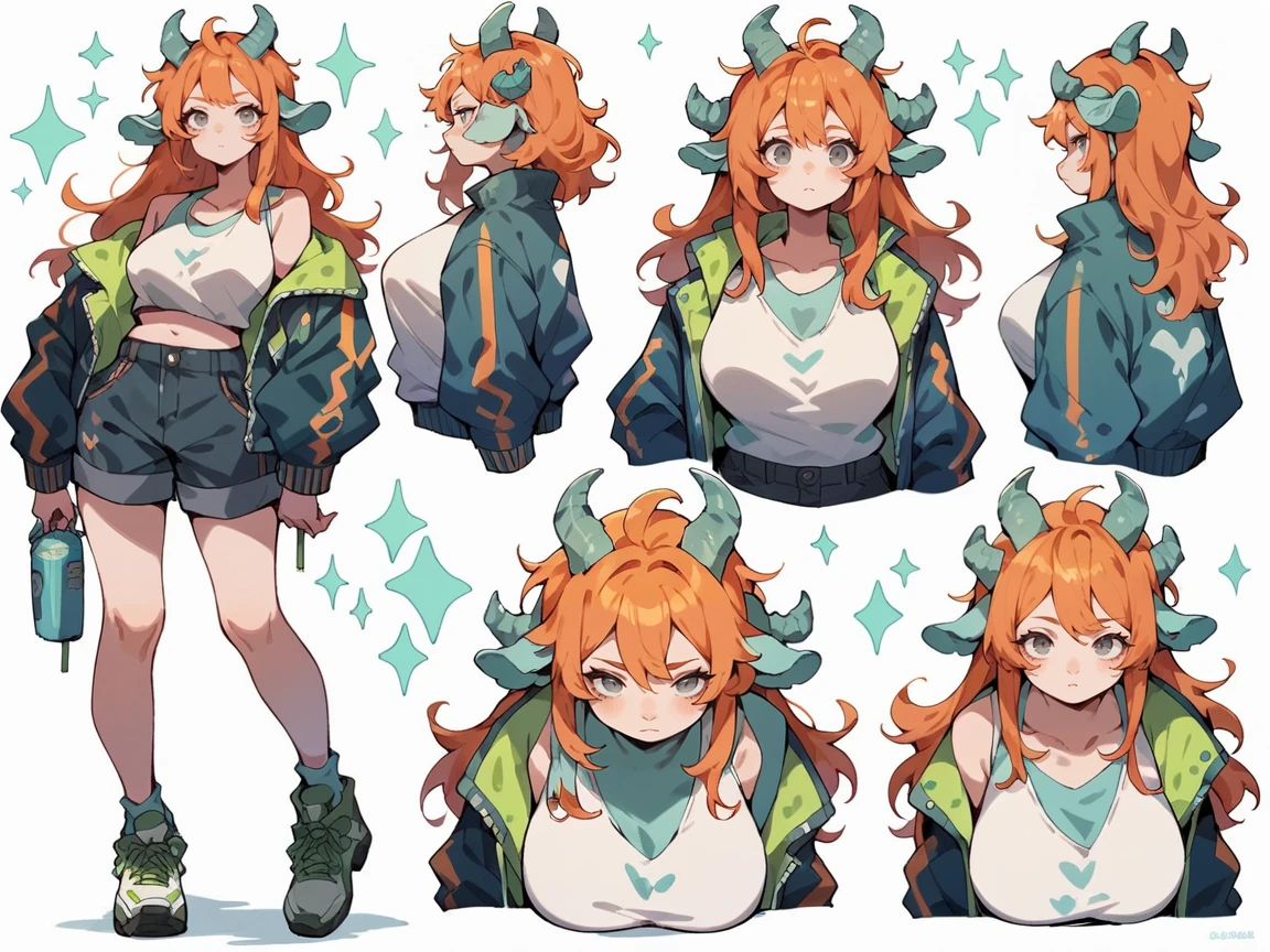 score_9, score_8_up, score_7_up, score_6_up,  <lora:cut3ch4rXLP:0.8> cut3ch4r, 1girl, multiple views, jacket, long hair, (green|blue goat horns), white background, ginger hair, plump, grey eyes, large breasts,