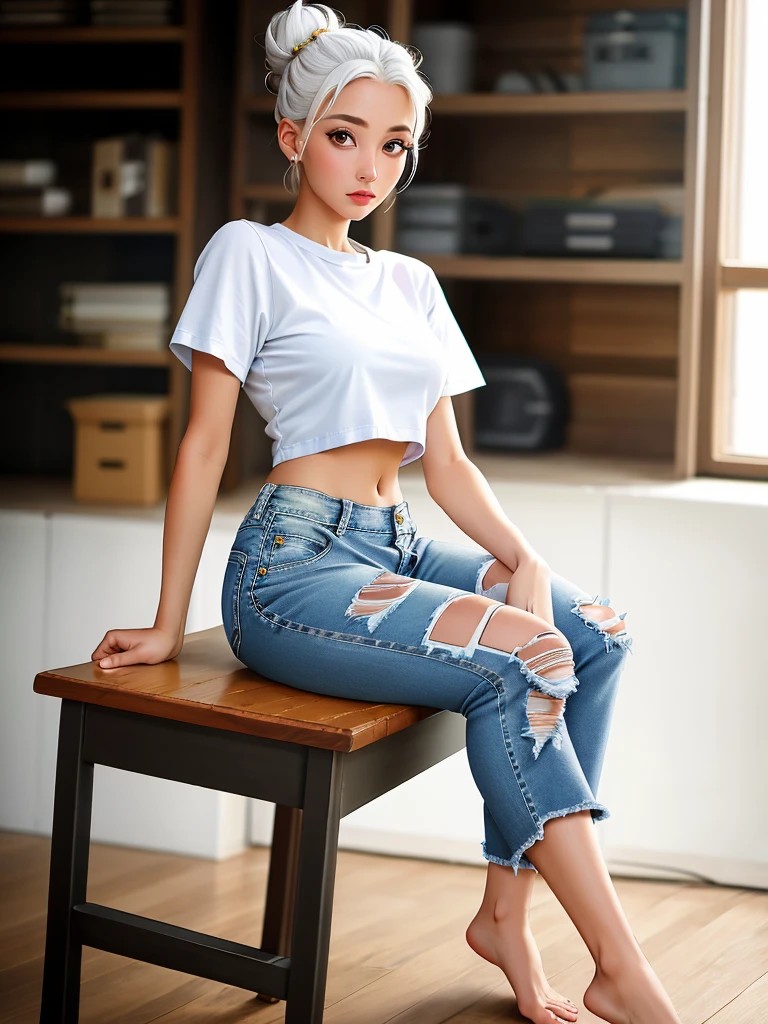 Realistic photo of a beautiful 3k4t3r1n4s woman,1girl, solo, looking at viewer, white hair, shirt, navel, sitting, barefoot, midriff, pants, hair bun, feet, crop top, torn clothes, single hair bun, denim, t-shirt, jeans, realistic, torn pants, torn jeans, professional Photography, Photorealistic, detailed, RAW, analog, sharp focus, high quality, film grain,<lora:3k4t3r1n4s:1.0>