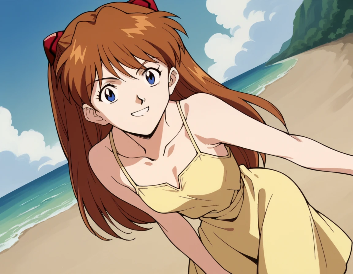 score_9, score_8_up, score_7_up, source_anime,
asuka langley soryu, <lora:asuka-langley-soryuu-classic-ponyxl-lora-nochekaiser:1>,
asuka langley soryu, long hair, bangs, blue eyes, brown hair, hair ornament,
dress, yellow dress, sundress, collarbone, bare shoulders,
beach, bent over, smile,
cowboy shot, looking at viewer, solo, dutch angle,