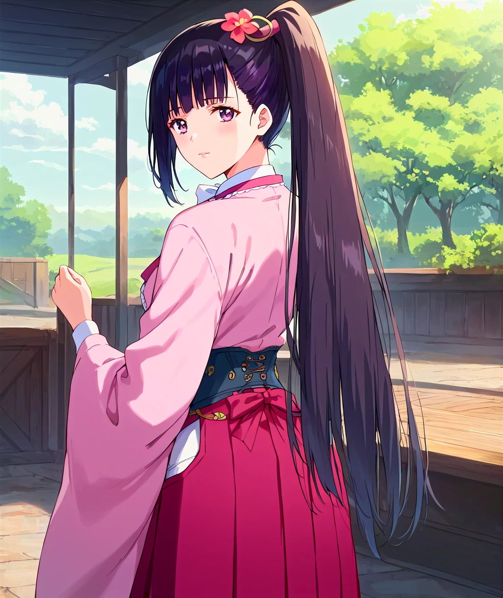 score_9,score_8_up,score_7_up,source_anime,anime,nsfw,rating_explicit,uncensored,High quality,Ultra detailed,best quality,insanely detailed,beautiful,masterpiece,prefect lighting BREAK
<lora:ayame_v1:1>,(ayame, very long hair, high ponytail, black hair, purple eyes, hair ornament, hair flower, japanese clothes, bangs, bowtie, skirt, shirt, long sleeves, hakama skirt,boots),1girl,solo,standing,posing,outdoors,looking_at_viewer,solo_focus,from behind,looking_back