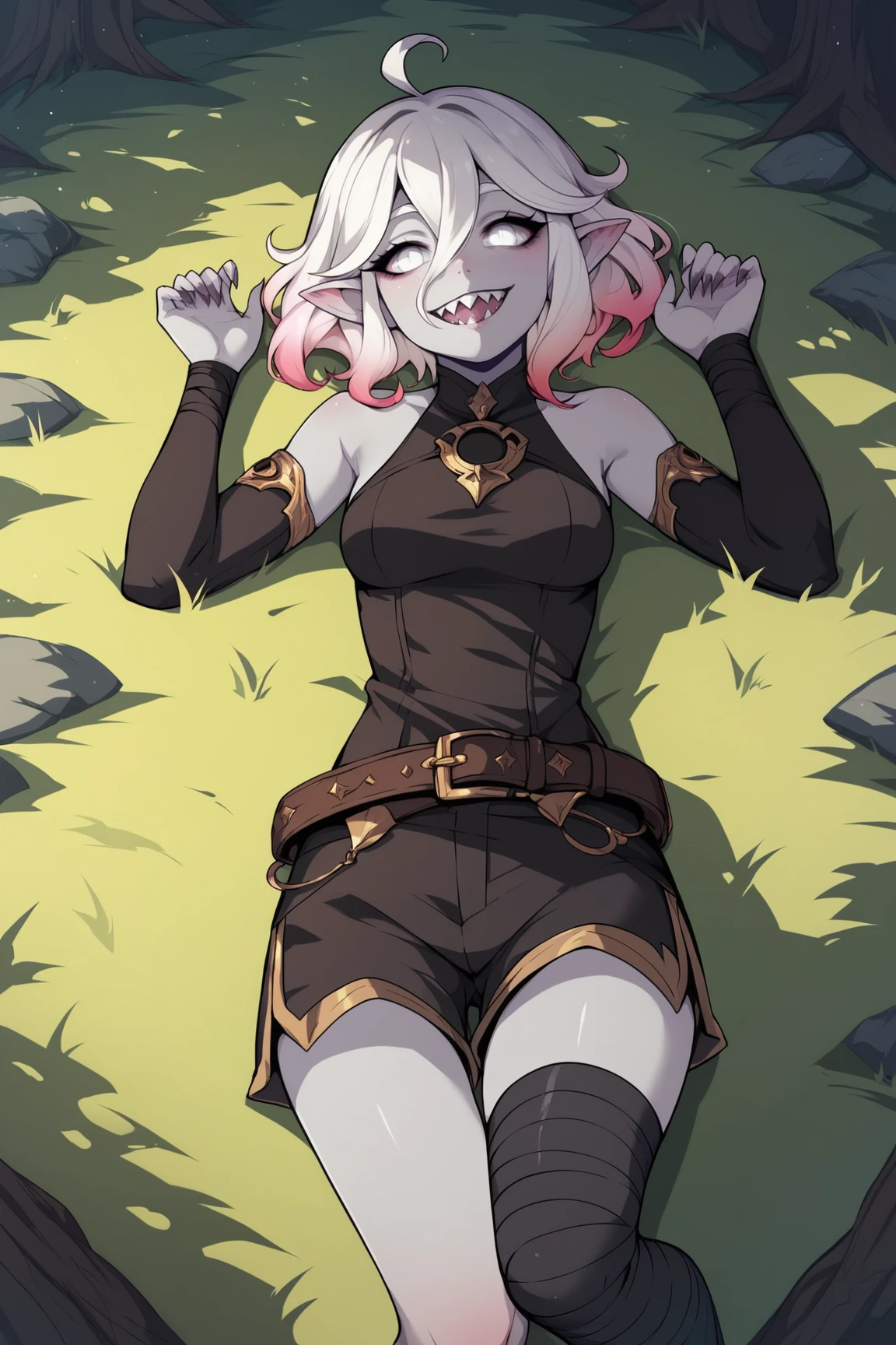 score_9, score_8_up, score_7_up, score_6_up, score_5_up, score_4_up, BriarLoLXL, white eyes, colored sclera, white hair, multicolored hair, gradient hair, short hair, hair between eyes, ahoge, pointy ears, sharp teeth, pale skin, grey skin, colored skin, medium breasts, bare shoulders, black thight dress, jewelry, detached sleeves, black shorts, belt, (black bandaged leg:1.2), black legwear, toeless legwear, lying on grass, seductive smile, looking at viewer, forest, tree <lora:BriarLoLXL:0.8>