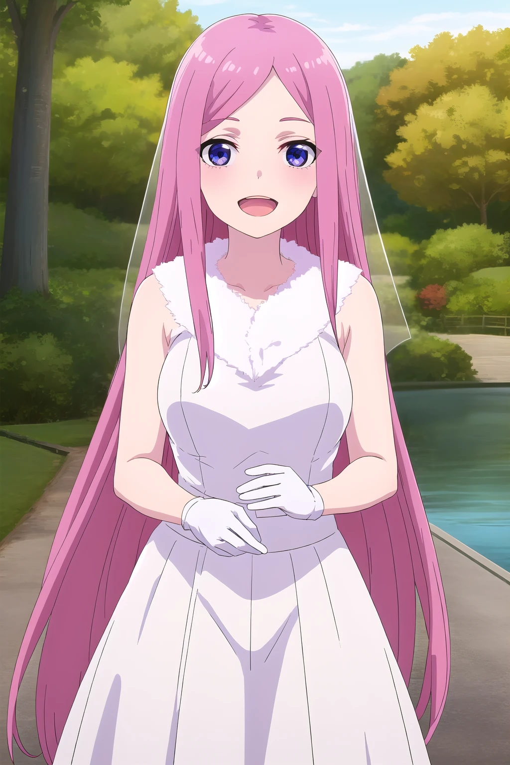 (masterpiece, best quality), highly detailed background, perfect lightingbest quality, fakenakanorena, solo, outdoors, nature, bridal veil, pink hair, parted bangs, very long hair, sidelocks, purple eyes, medium breasts, wedding dress, white dress, white gloves, frilled skirt, smile, open mouth, :d, <lora:Fake-Nakano-Rena:0.7>