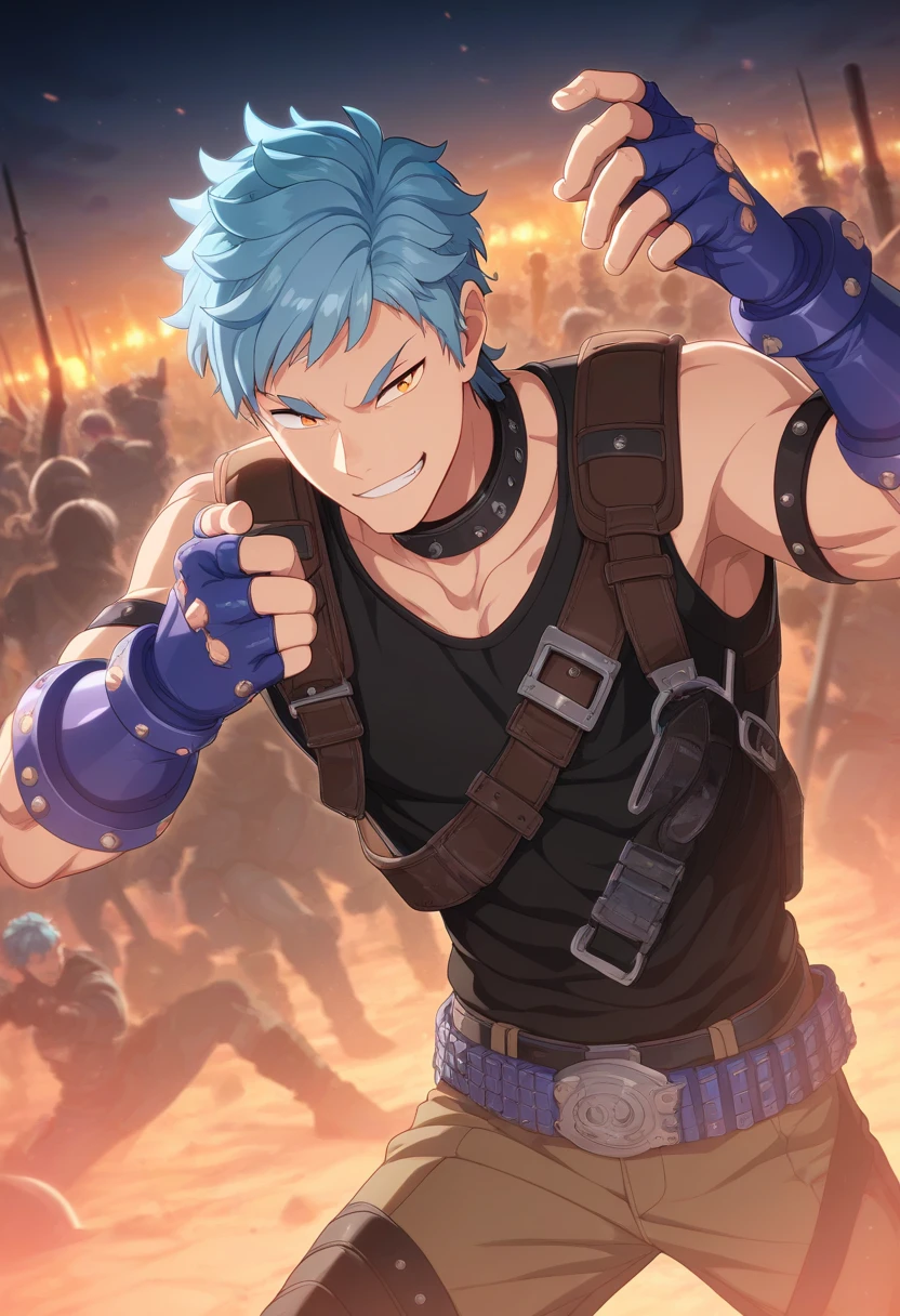 1boy, male focus,
<lora:Character_-_Helios_Rising_Heroes_-_Asch_Albright:1> asch, blue hair, orange eyes,
((zPDXL)), score_9_up, score_8_up, score_7_up, score_6_up, score_5_up, score_4_up, best quality, amazing quality, best aesthetic, absurdres, year2023, nsfw, game cg, official art, official style, anime screencap,
outdoor, black tank_top, fingerless gloves, belt, brown pants, belt, night, belts, smirk, fighting stance, battlefield,