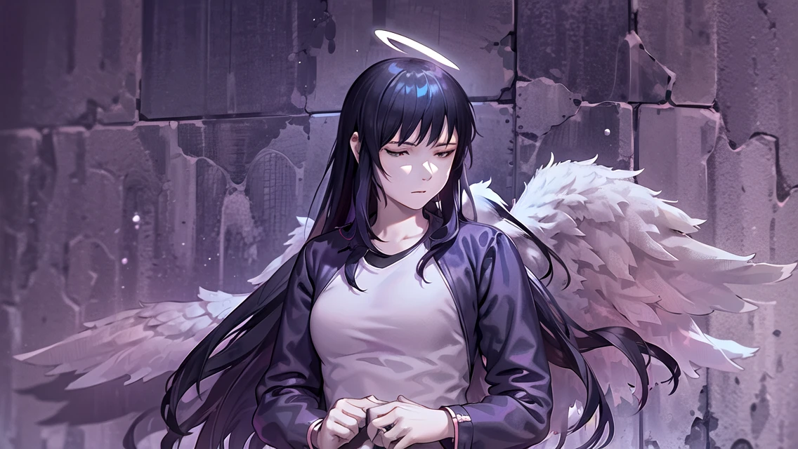 neonpunk style <lora:Reki:0.85>, 1girl, solo, long hair, black hair, halo, angel wings, shirt, open jacket, 
, 
, 
holding lighter, 
closed eyes, 
lips,eyelashes, 
Fear, 
looking at viewer, 
, 
pavement, stone wall, tile floor, tiles, wall, 
unsplash,  . cyberpunk, vaporwave, neon, vibes, vibrant, stunningly beautiful, crisp, detailed, sleek, ultramodern, magenta highlights, dark purple shadows, high contrast, cinematic, ultra detailed, intricate, professional