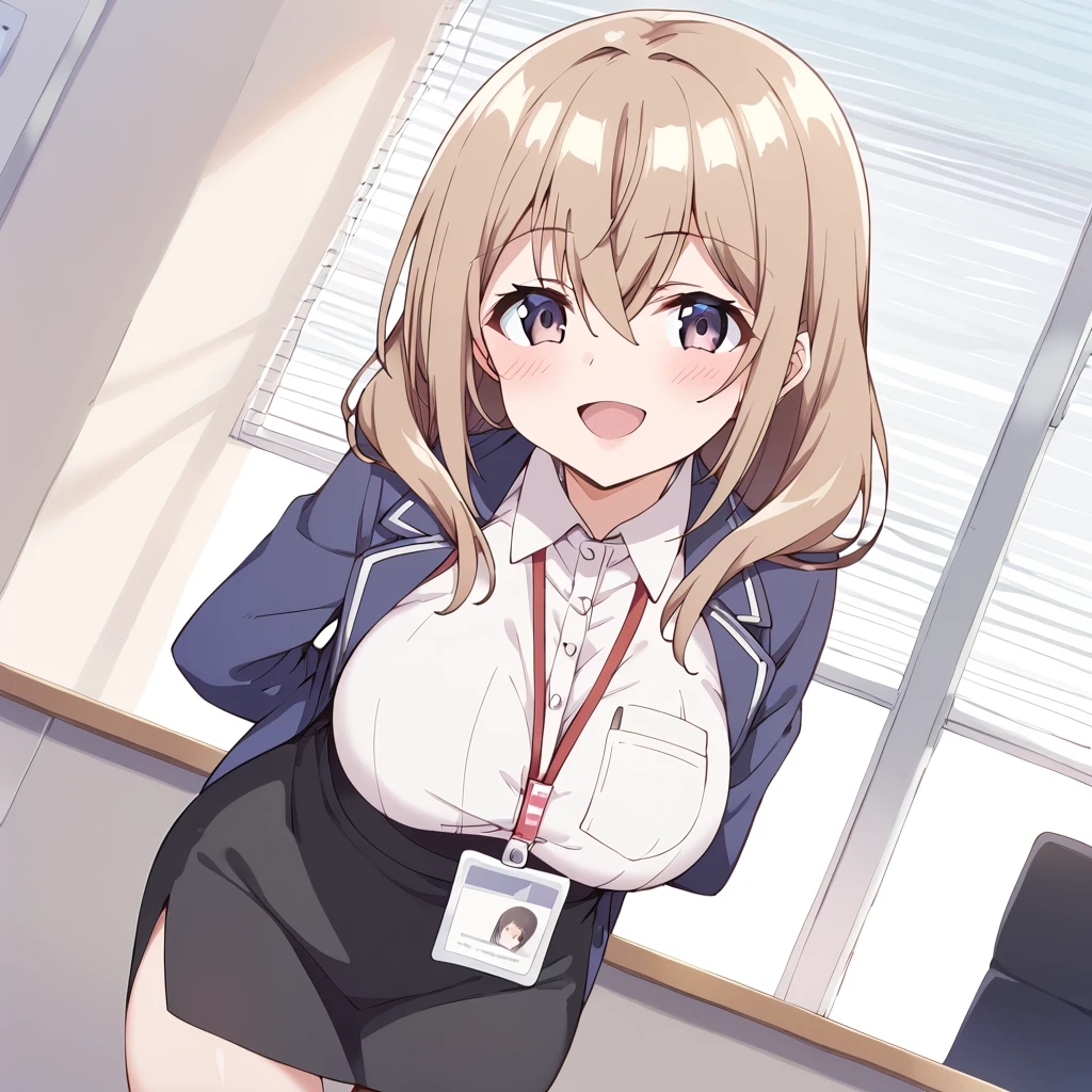 score_9, score_8_up, score_7_up, source_anime BREAK
katase shiori, 1girl, solo, open mouth, office lady, large breasts, pencil skirt, smile, looking at viewer, long hair, black skirt, id card, brown hair, arms behind back, white shirt, lanyard, eyebrows visible through hair, hair between eyes, collared shirt, blue jacket, :d, brown eyes, leaning forward, indoors, blush, miniskirt, purple eyes, dress shirt, open jacket, dutch angle, light brown hair, grey eyes, name tag, formal, suit, long sleeves, standing, blonde hair, shirt tucked in, thighs, bent over, office, cowboy shot, medium hair, blazer, wing collar, high-waist skirt, skirt suit, window, shiny hair, shiny, smug, buttons, sidelocks, :3, blue eyes, purple jacket, thighs, 
<lora:katase_shiori_sdxl_locon_pony_v1:0.7>