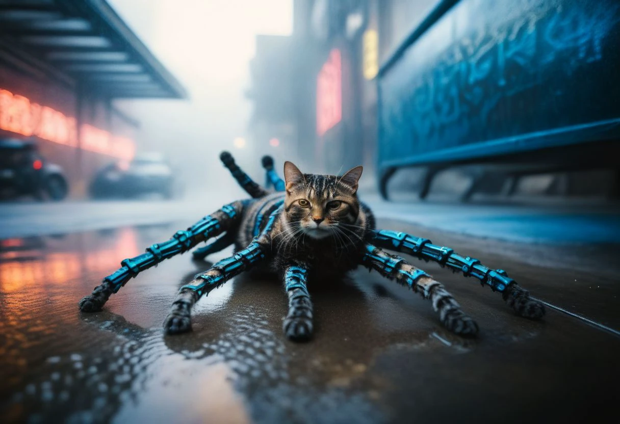 Highly detailed photo of octocat with (((Long legs:1.8)) laying in ally_way, in_focus,  uhd, 8k, ultra realistic, sunny, (cold colors), damp, moist, intricate details, shallow depth of field, [volumetric fog], cinematic lighting, reflections, photographed on a Canon EOS R5, 50mm lens, F/2.8, HDR, 8k resolution, cinematic film still from cyberpunk movie