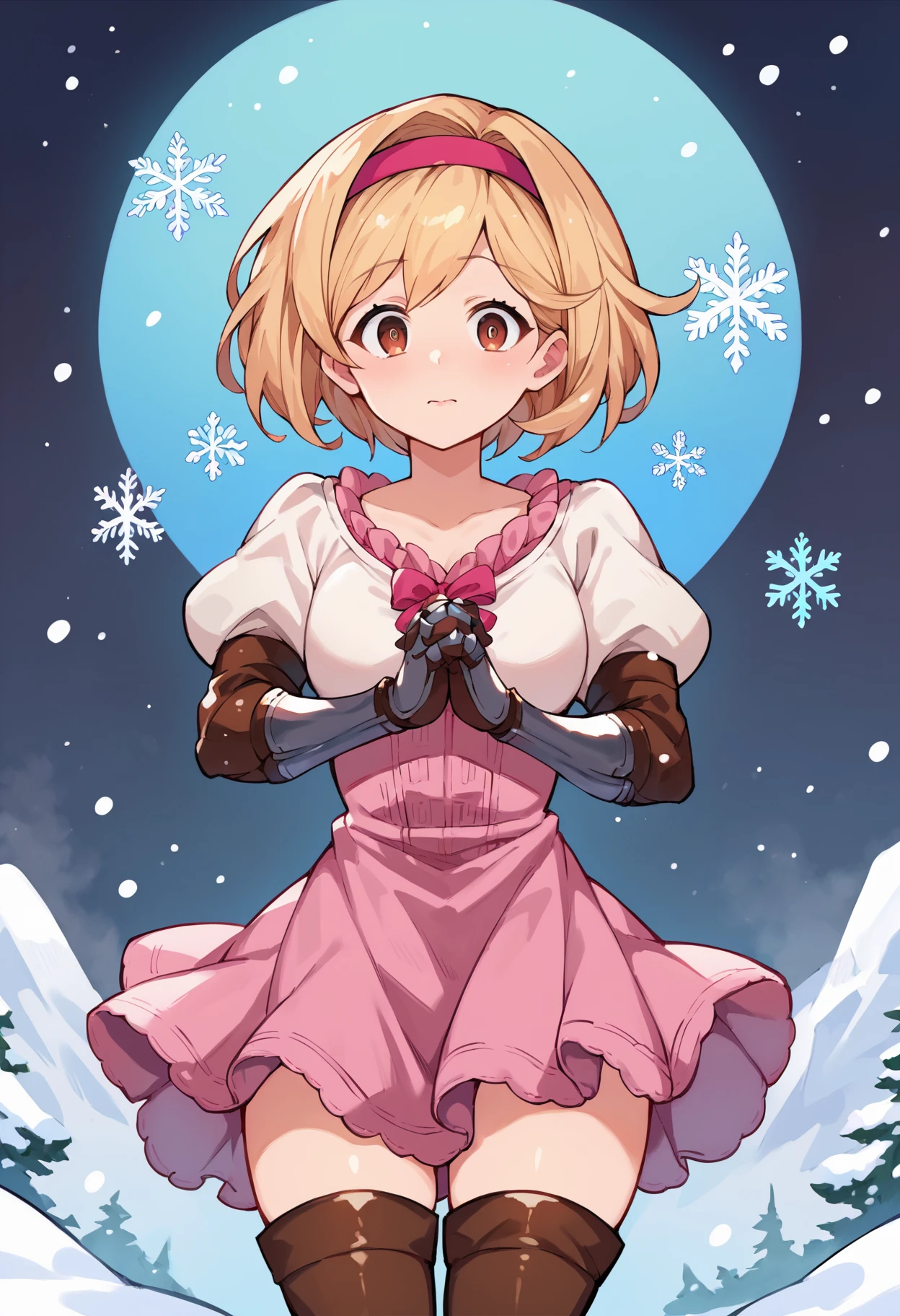 score_9, score_8_up, score_7_up, uncensored, source_anime, 1girl, <lora:spgbfDjeetaXLPony:1> djeetadef, pink hairband, dress, puffy sleeves, gauntlets, brown thighhighs, thigh boots, simple background, snow, snowflakes, snowing, closed mouth, interlocked fingers, looking at viewer, solo, surprised