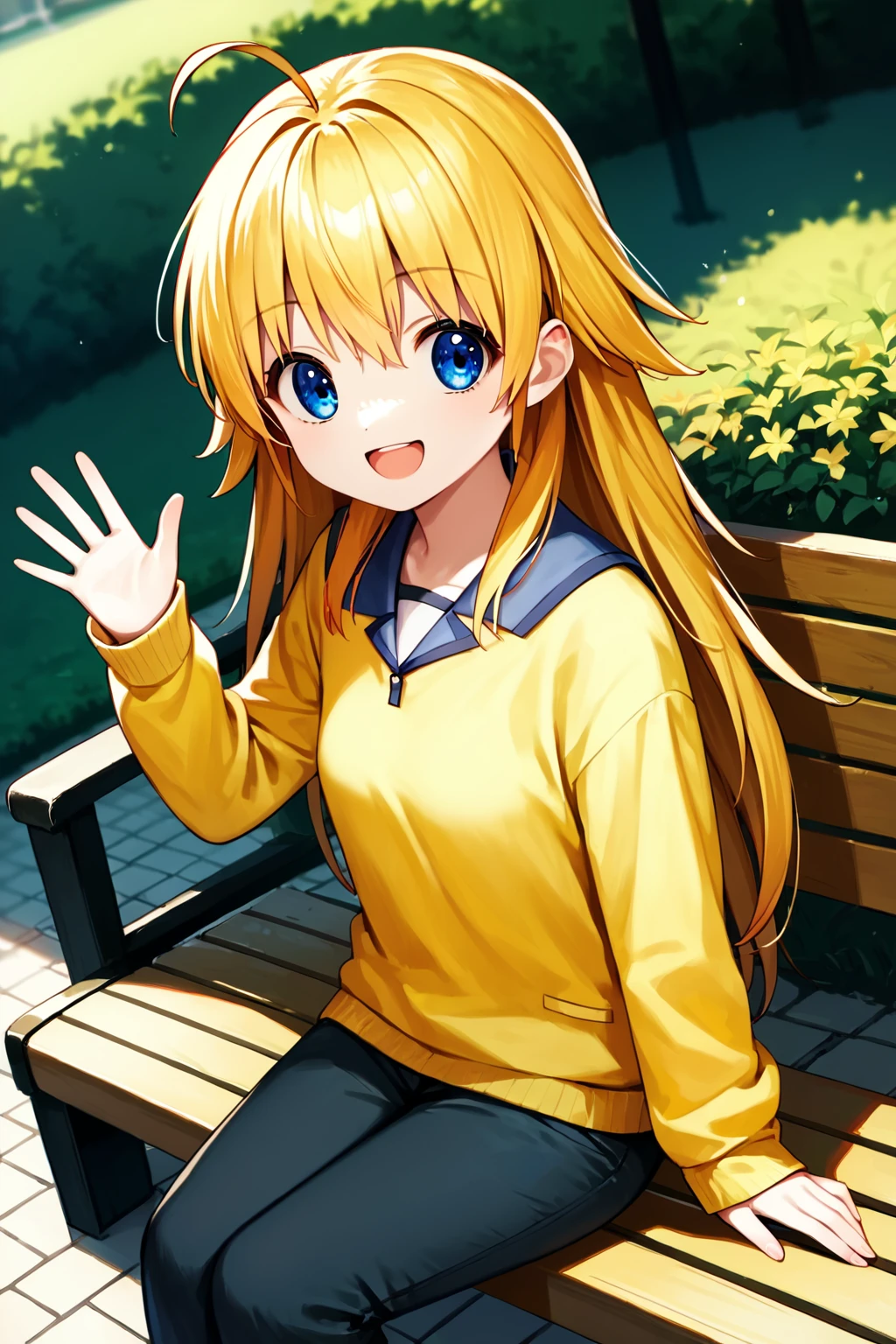 score_9, score_8_up, score_7_up, score_6_up, rating_safe, source_anime, best quality, masterpiece, detailed background, detailed eyes, (dutch angle), outdoors, sitting on bench, looking at viewer, open mouth, smile, waving, <lora:sekine-shiori-xl-02:1>, sekine shiori, long hair, small breasts, blonde hair, blue eyes, ahoge, yellow sweater, black pants,