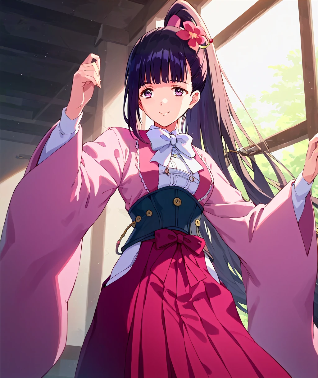 score_9,score_8_up,score_7_up,source_anime,anime,nsfw,rating_explicit,uncensored,High quality,Ultra detailed,best quality,insanely detailed,beautiful,masterpiece,prefect lighting BREAK
<lora:ayame_v1:1>,(ayame, very long hair, high ponytail, black hair, purple eyes, hair ornament, hair flower, japanese clothes, bangs, bowtie, skirt, shirt, long sleeves, hakama skirt,boots),1girl,standing,smile,indoors,cinematic_angle,solo_focus