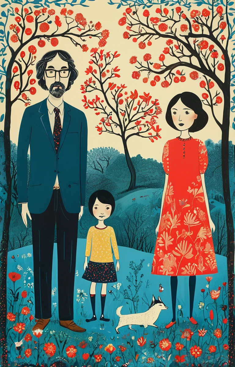 masterpiece,best quality,<lora:tbh151-sdxl:0.8>,illustration,style of Rob Ryan, portrait of family