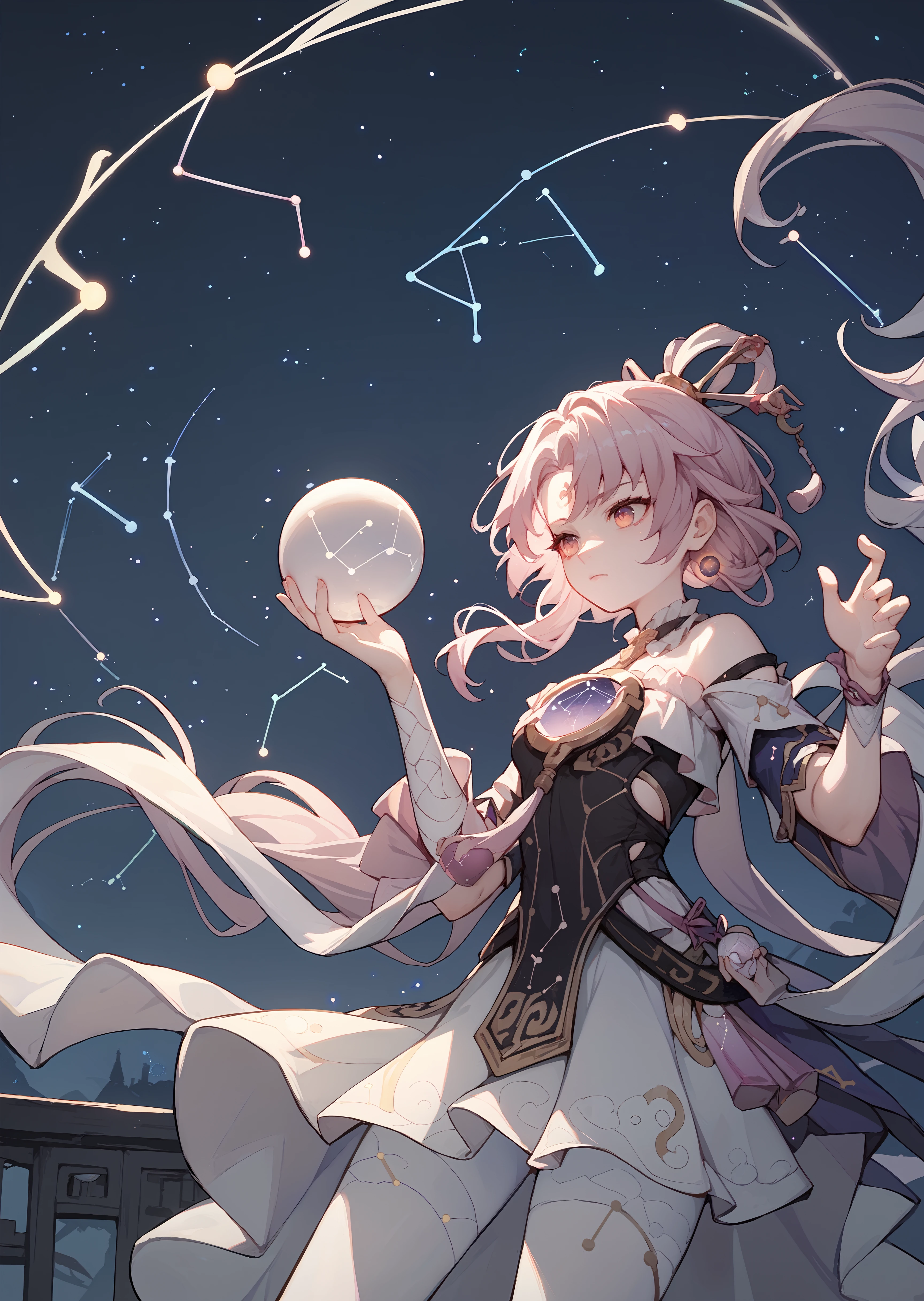 (score_9, score_8_up, score_7_up), 1girl, fuxuan, white pantyhose, holding magic ball, magic, closed mouth, night, constellation, night sky, <lora:fuxuan-strPO-v1b-000008:0.8>