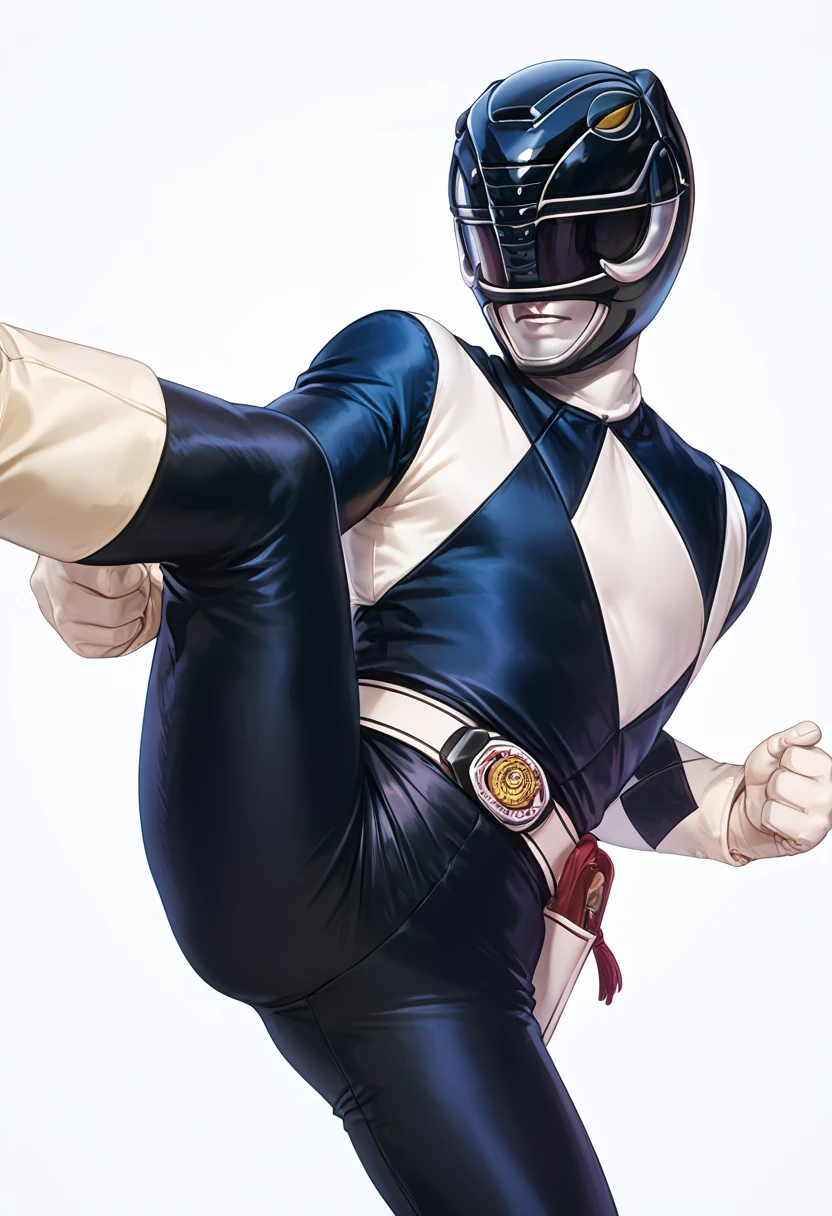 (score_9:0.9),score_8_up,score_7_up,anime style,rating_safe,(zPDXL),<lora:Black Ranger ponyXL v3.5:0.88>,black ranger,solo,1boy,male focus,white background,simple background,kicking,argyle,