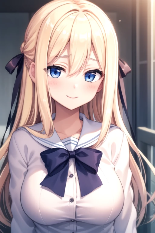 ((masterpiece)),(best quality),official art,extremely delicate and beautiful,extremely detailed CG,unity 8k wallpaper,ultra detailed,beautiful detailed eyes,extremely detailed face,outdoors,1girl,solo,upper body,(portrait:1.5),looking at viewer,facing viewer,smile,Kujou Alice,very long hair,blonde hair,hair ribbon,black ribbon,sidelocks,hair between eyes,bangs,blue eyes,school uniform,blue bowtie,white jacket,white sailor collar,huge breasts,long sleeves,miniskirt,white skirt,pleated skirt,black thighhighs,zettai ryouiki,loafers,brown footwear,<lora:Kujou Alice(aamss):0.8>,