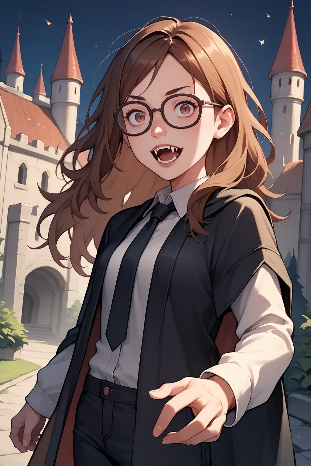 score_9, score_8_up, score_7_up, source_anime, 1girl, solo,<lora:NSAlicePortia:1> NSAlicePortia, brown hair, long hair, brown eyes, glasses, black cloak, vampire, fangs, open mouth, necktie, black pants, castle, outdoors, night, dark