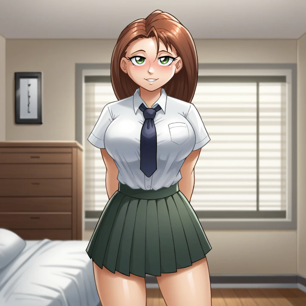 score_9, woman, solo, bedroom,<lora:Kamitora_Artist_Style_-_PonyXL:0.8> kamitora, standing, school uniform, large breasts, formal tie, skirt, adult