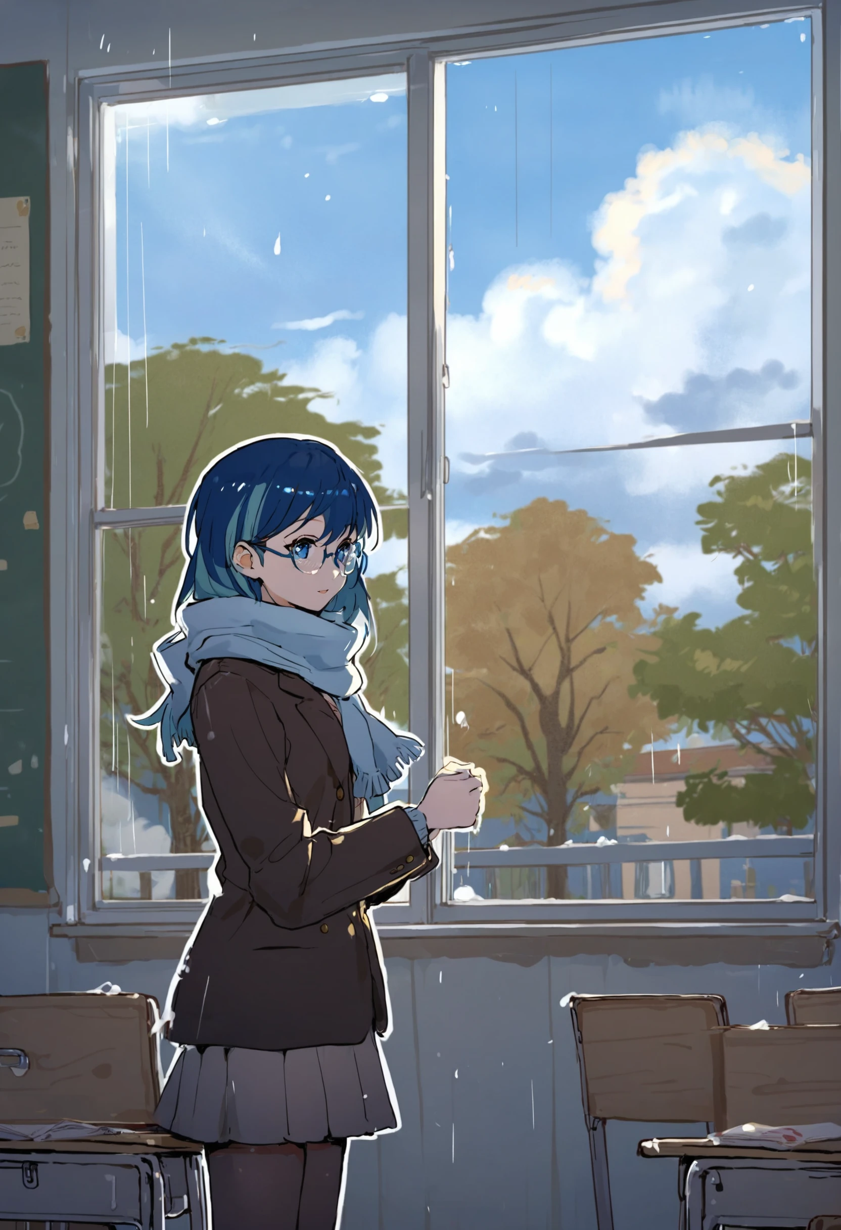 masterpiece, best quality,1girl, solo, (outline:1.3), multicolored hair, sky, blue theme, window, indoors, scenery, blue sky, classroom, cloudy sky, chalkboard, glasses, rain, blue eyes, desk, tree, cloud, pantyhose, long hair, scarf, blue-framed eyewear
<lora:killowXLlokr8f-000178:0.95>