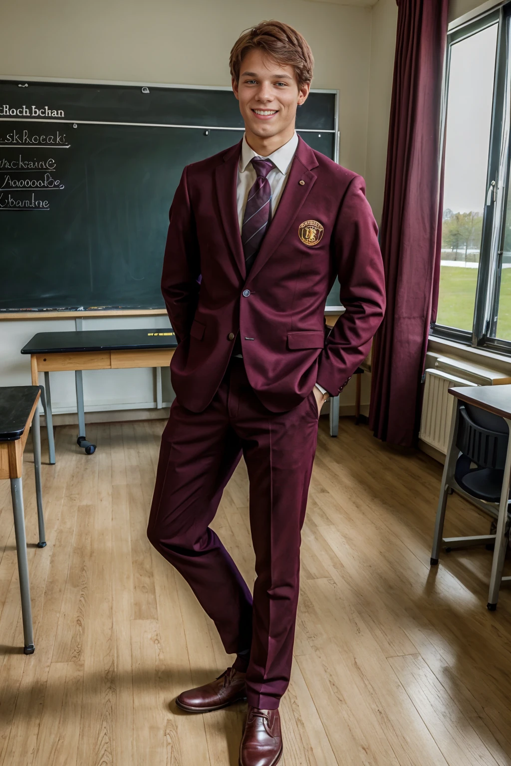 classroom of a Swedish school, standing beside student desk, smiling, ClarkEckhart, wearing (maroon youngroyals uniform), (((full body portrait))), wide angle <lora:ClarkEckhart:0.8> <lora:youngroyals_lora:0.75>