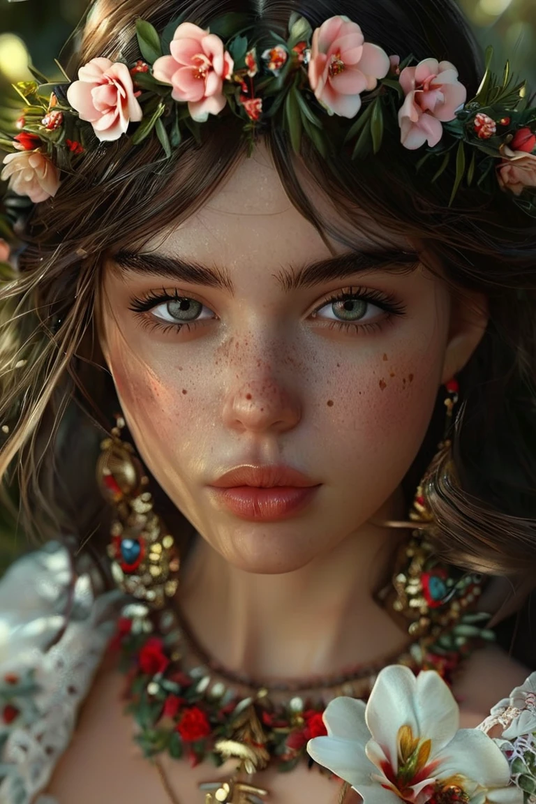 The image portrays a young woman with distinctive facial features, adorned in floral and heart-shaped accessories that enhance her enchanting appearance, super realistic, super detailed<lora:potrait-woman-adafactor-step00000700:0.7>